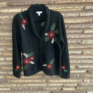 Charter Club Vintage Christmas Poinsettia Floral Wool Cardigan Sweater Small